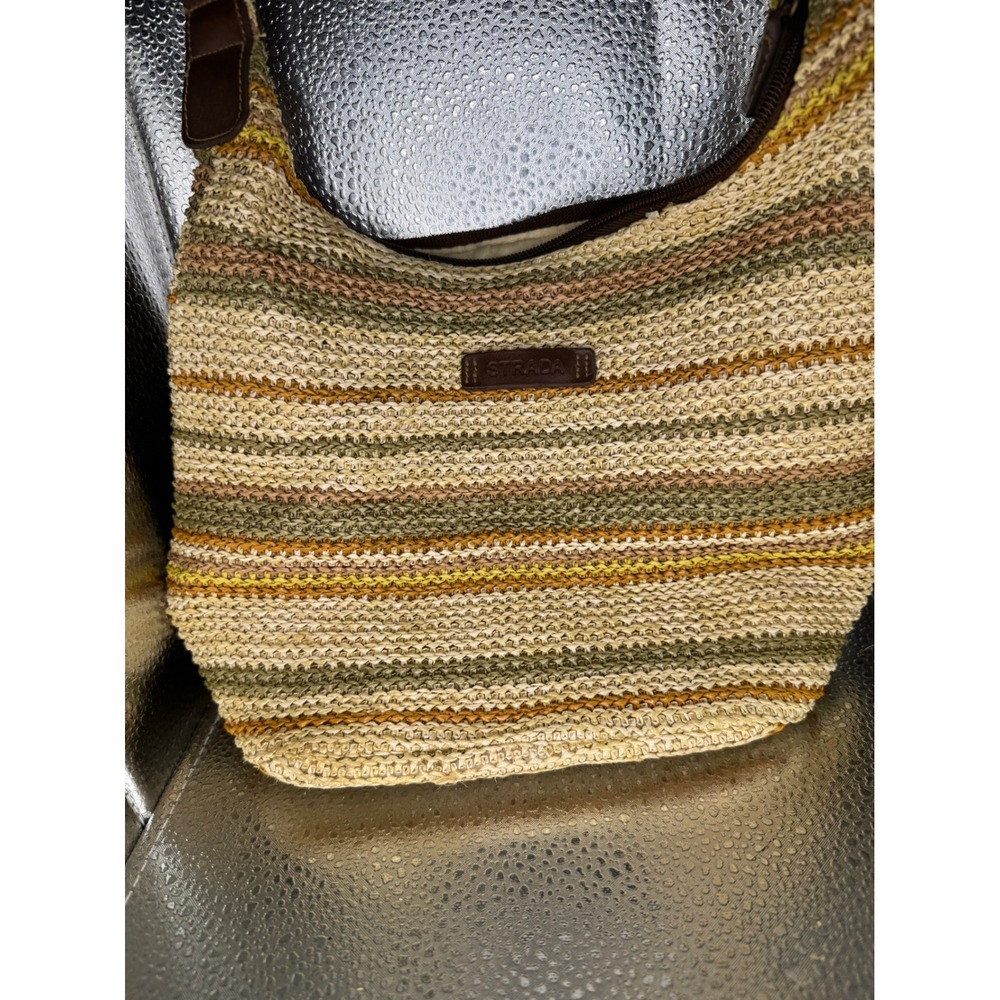 Strada Woven Straw Shoulder Bag Earth Tone Striped Boho Hobo Brown Green Tan